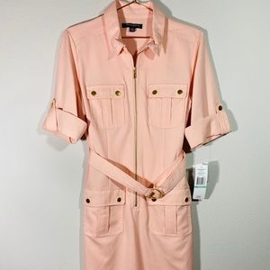Sharagano Stretch Peach Belted Shirt Dress